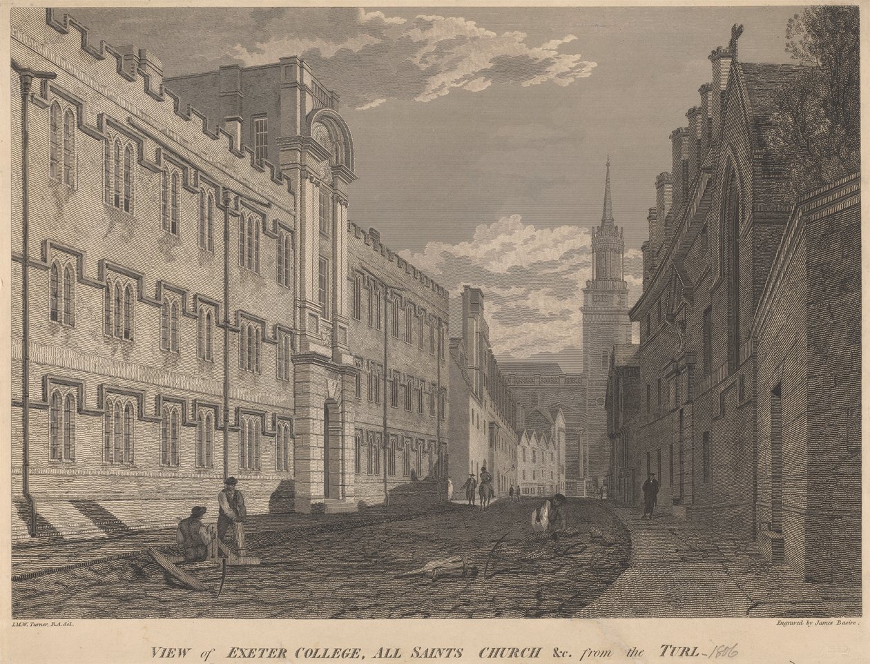 Vista de Exeter College, All Saints Church, desde el Turl de James Basire