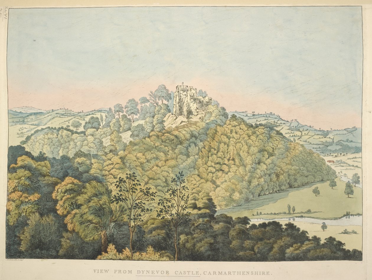 Mapas K Top 46, 35 d Vista desde el castillo de Dynevor, con vistas al río Towy y Golden Grove (grabado coloreado a mano) de James Bretherton