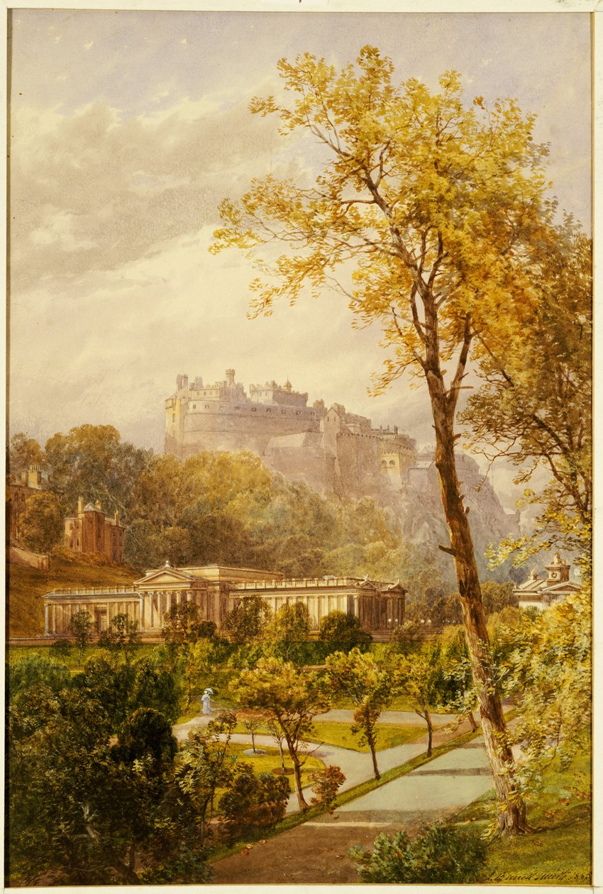 Vista de los Jardines de Princes Street y la Galería Nacional, Edimburgo mirando hacia el oeste hacia el castillo, 1855 de James Burrell Smith