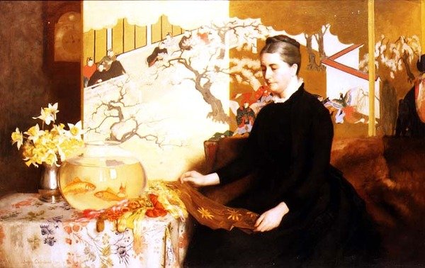 Dama con pantalla japonesa y pez dorado (Retrato de la madre del artista) de James Cadenhead