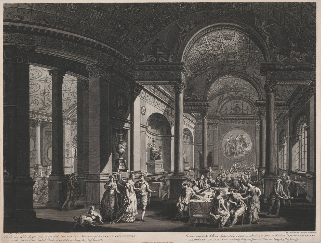 Vista interior del comedor y parte del salón de baile en un pabellón erigido para una Fete Champetre en el jardín del conde de Derby. de James Caldwall