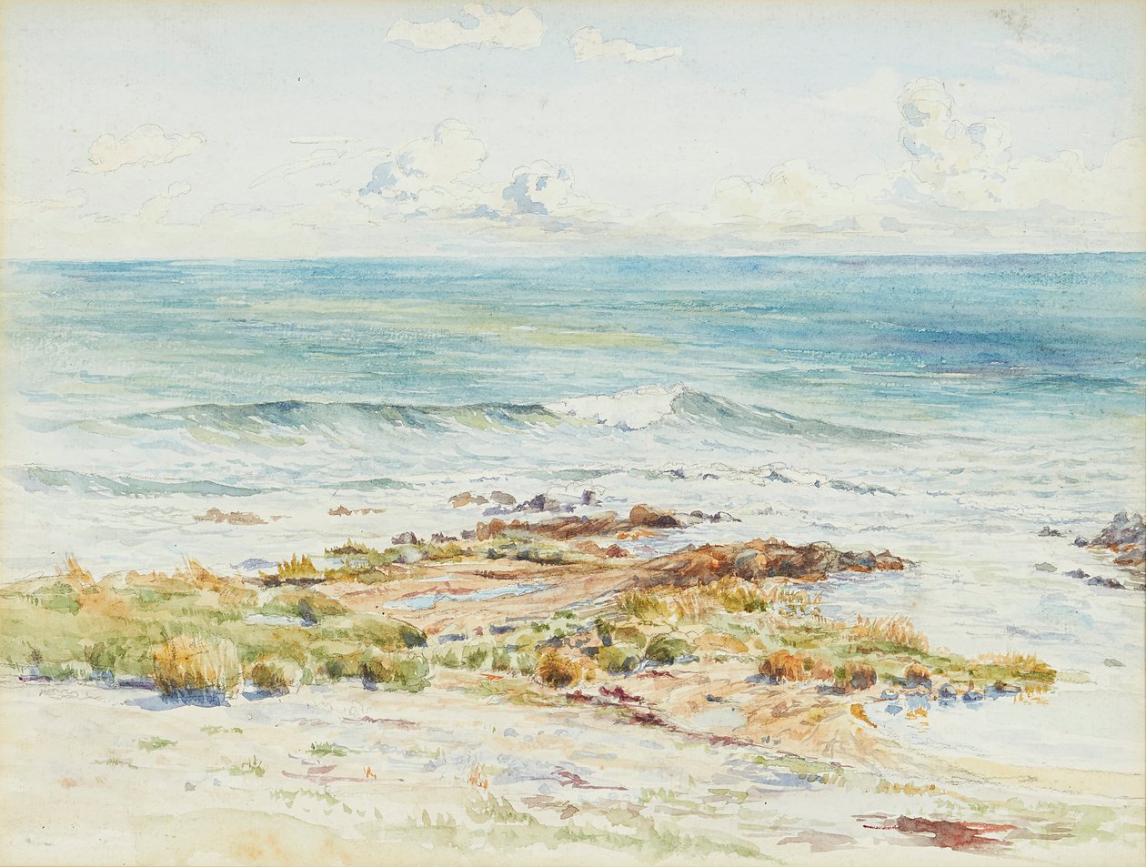 Paisaje costero (lápiz y acuarela) de James Caw