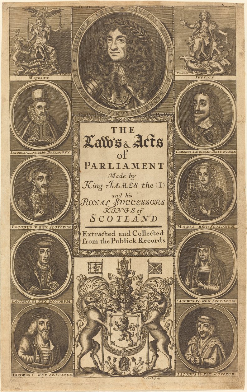 Frontispicio de "Las leyes y actos del Parlamento hechos por el Rey James I ..." de James Clark