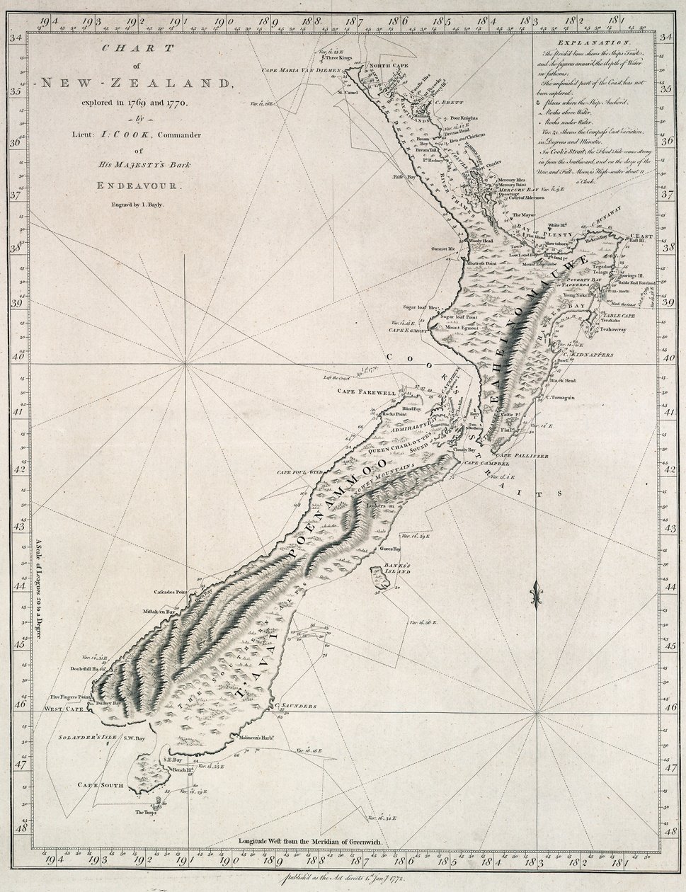Carta de Nueva Zelanda, explorada en 1769 y 1770 por el Teniente J.Cook, Comandante del Barco de Su Majestad Endeavour de James Cook
