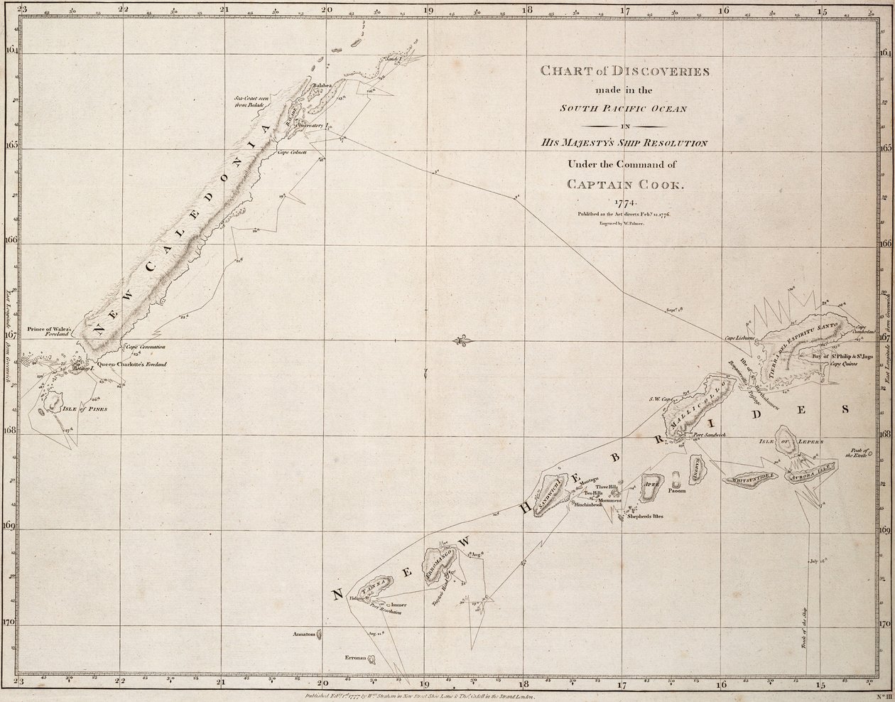 Carta de los descubrimientos realizados en el Océano Pacífico Sur en el barco de su majestad "Resolution" bajo el mando del capitán Cook. de James Cook