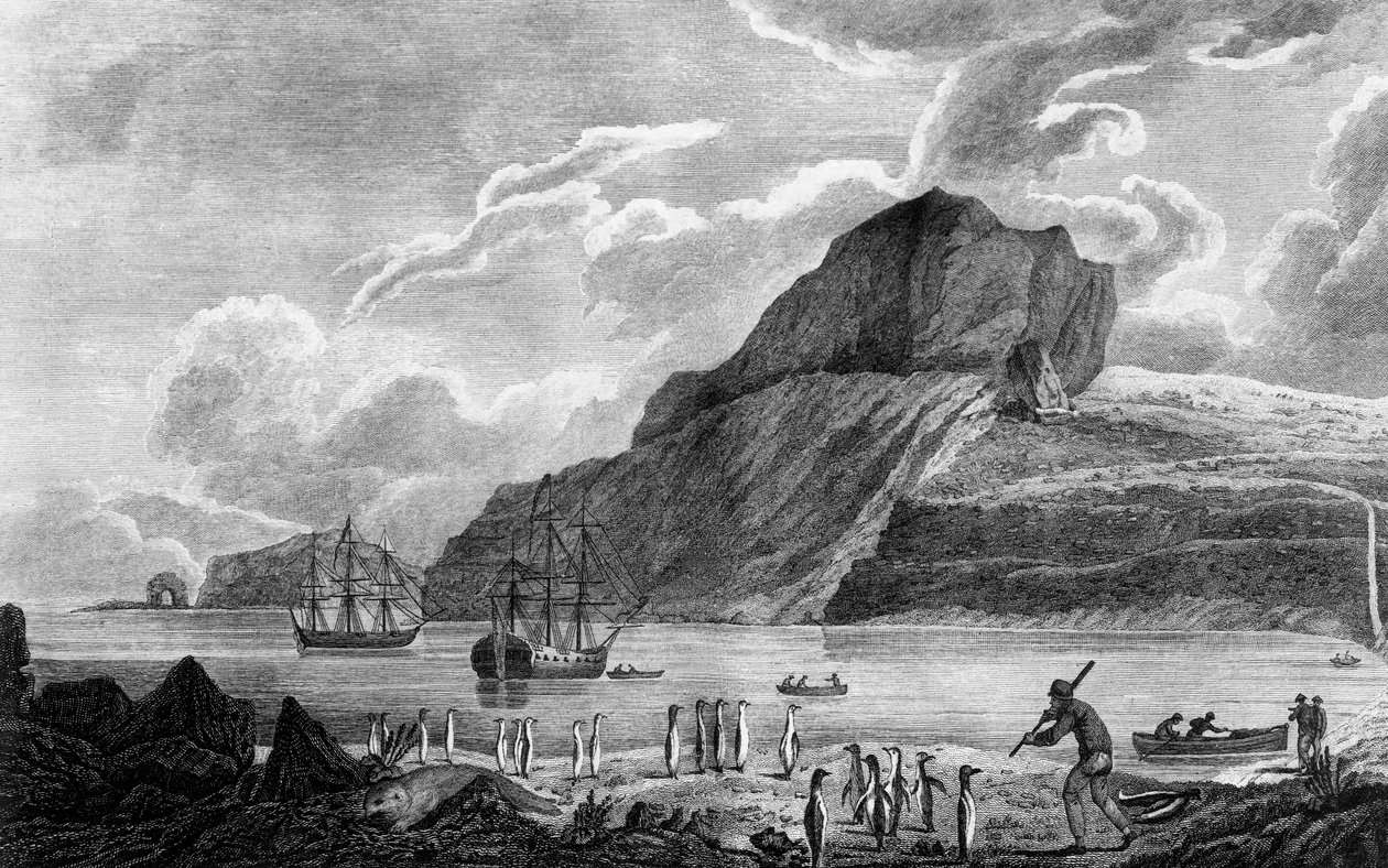 Isla Kerguelen, vista de la bahía de Navidad, dibujo de William Hodges, grabado de William Watts, ilustración del Viaje al Polo Sur y Vuelta al Mundo, de James Cook (1728-1779), edición publicada en París en 1778. de James Cook