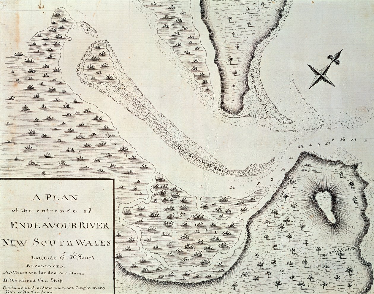 Mapa de la entrada del río Endeavour, mapa del relato del primer viaje dirigido por James Cook entre 1768 y 1771, Australia de James Cook