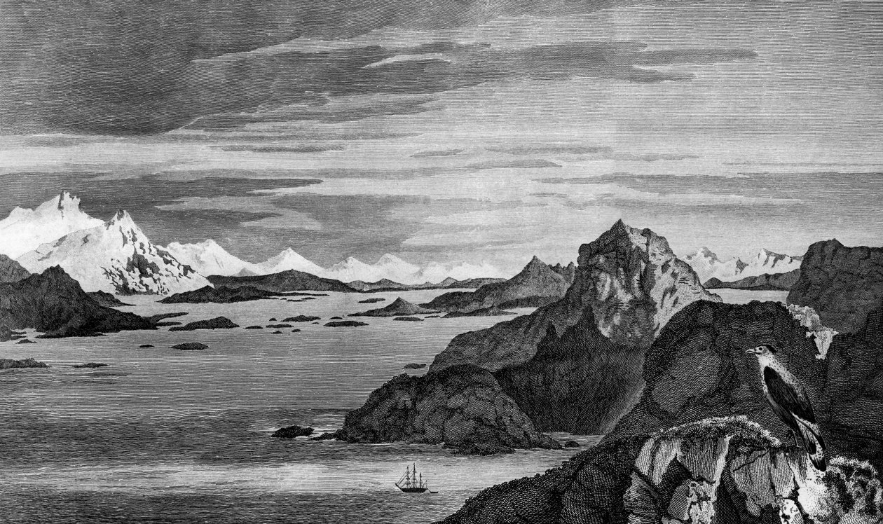 Vista de Christmas Sound, Tierra del Fuego, dibujo de William Hodges, grabado de William Watts, ilustración de Voyage towards South Pole, and Round World, de James Cook (1728-1779), edición publicada en París en 1778. de James Cook