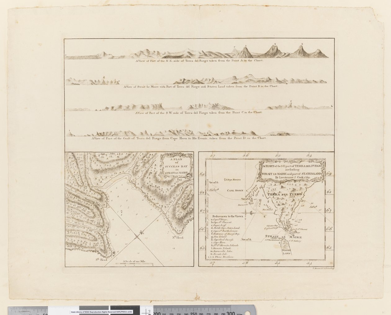 ii. (a) Cuatro perfiles de la costa de Tierra del Fuego (b) Un plano de Success Bay en el Estrecho de Le Maire (c) Un mapa de la parte sureste de Tierra del Fuego, grabado por T. Borven y J. Gibson de James Cook