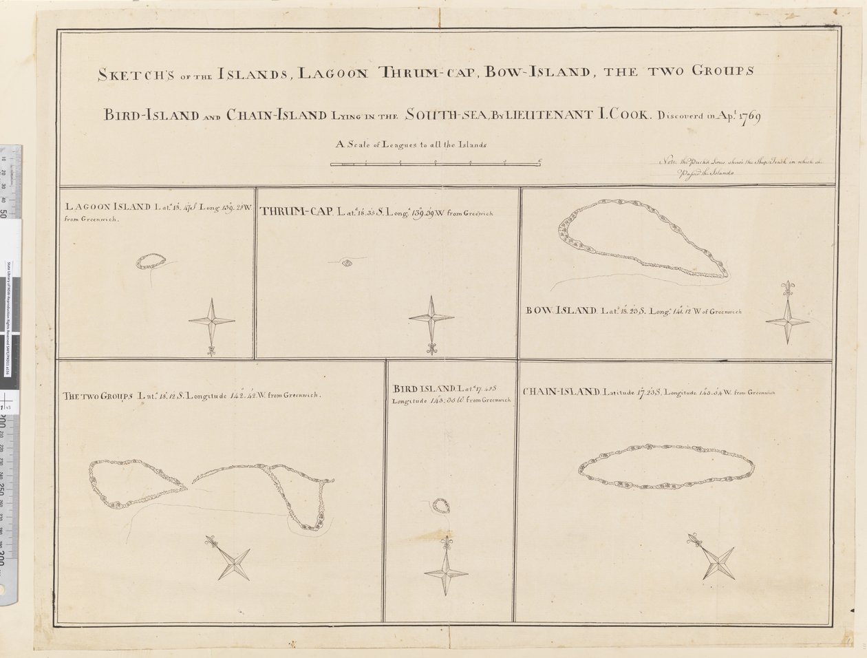 iii. Bocetos de las islas Laguna, Thrum-Cap, Bow-Island, los Dos Grupos, Isla de Pájaros y Cadena de Islas, descubiertas en abril de 1769 de James Cook
