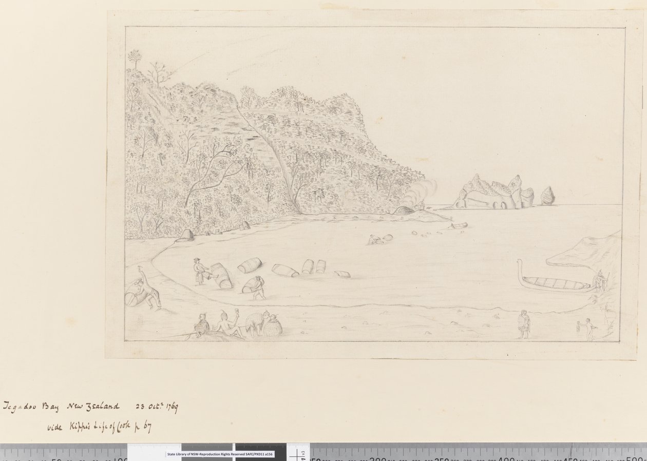 Vista del lugar de riego Tegadoo Bay, Nueva Zelanda, 23 de octubre de 1769 de James Cook