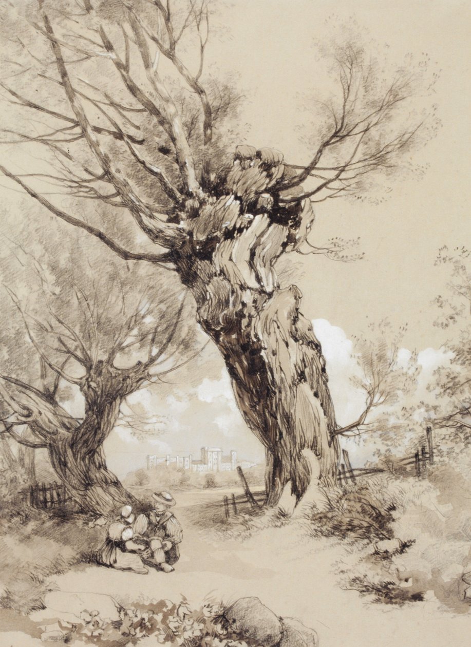 Paisaje con figuras bajo árboles podados de James Duffield Harding