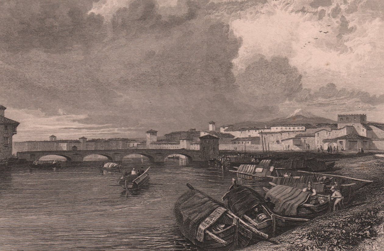 Vista del río Arno en Pisa, Toscana, Italia, grabado en acero de Thomas Higham (1796-1844) según dibujo de James Duffield Harding (1798-1863) de James Duffield Harding