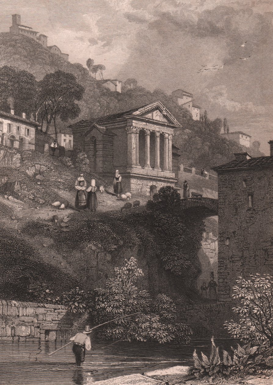 Vista del Templo de Clitumnus a lo largo del río Clitunno cerca de Campello sul Clitunno, Umbría, Italia, grabado en acero por Jordan según dibujo de James Duffield Harding (1798-1863), circa 10, 5x15 cm de James Duffield Harding