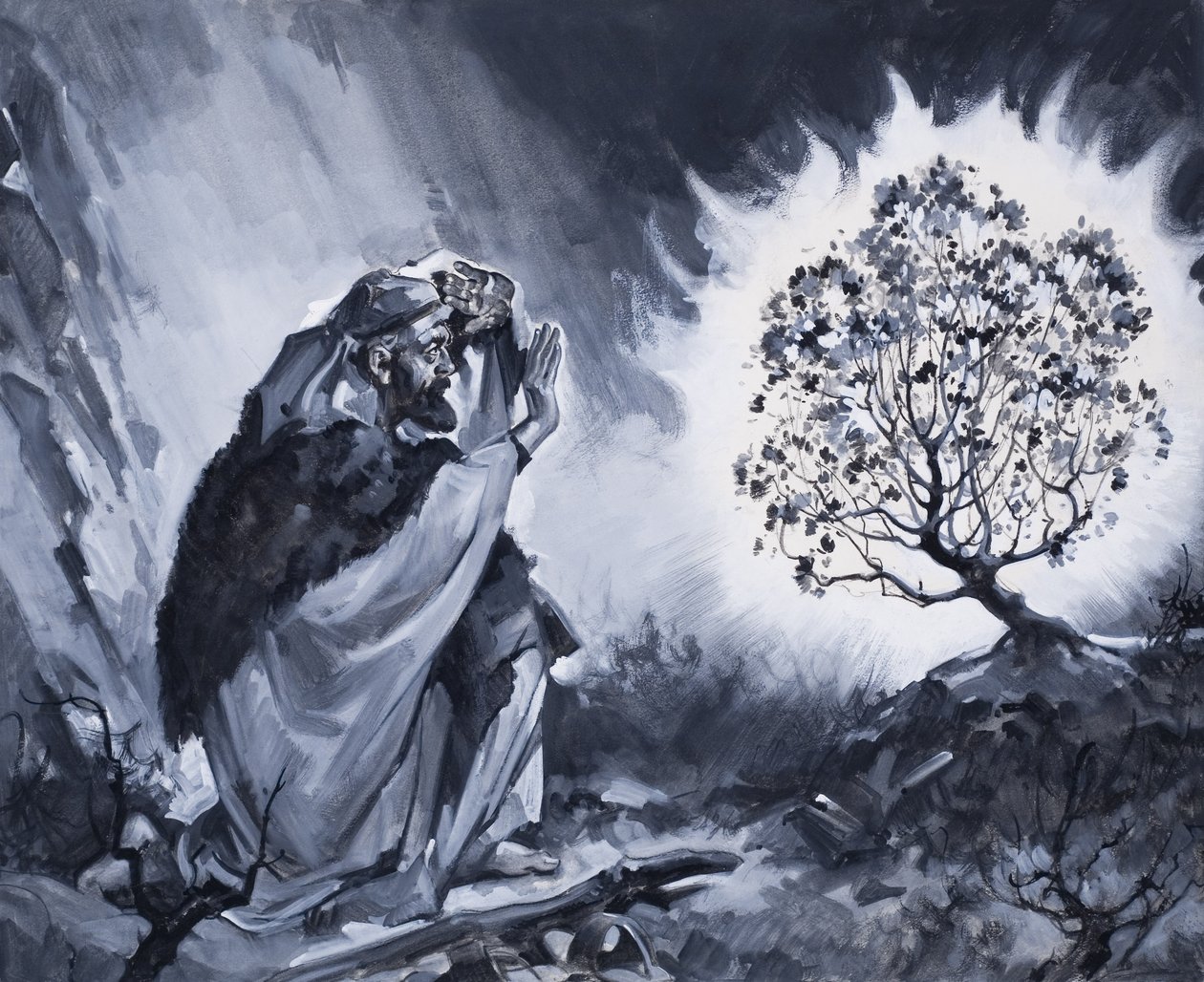 Moisés y la zarza ardiente (gouache sobre papel) de James Edwin McConnell