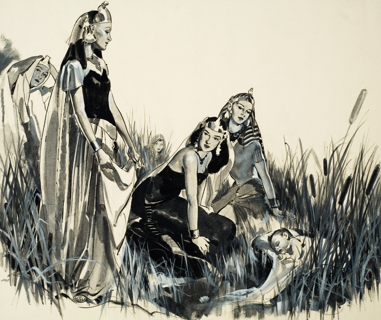Moisés se encuentra entre los juncos (gouache sobre papel) de James Edwin McConnell