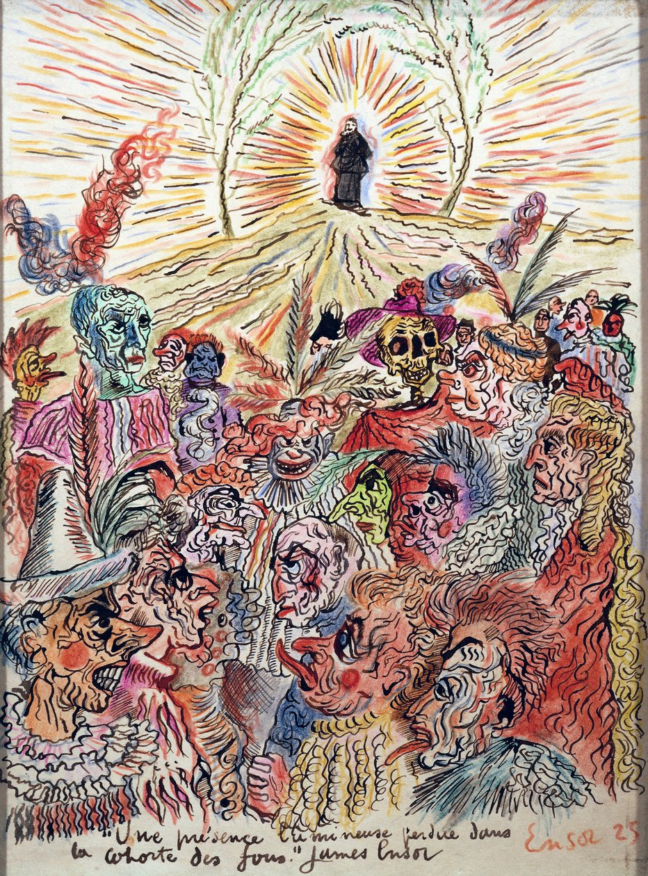 Presencia brillante perdida en la corte de los locos de James Ensor