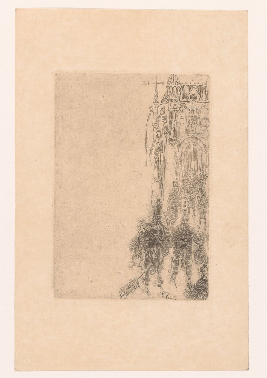 Las figuras caminan hacia una puerta con carne y pescado
Menú para Charles Vos de James Ensor