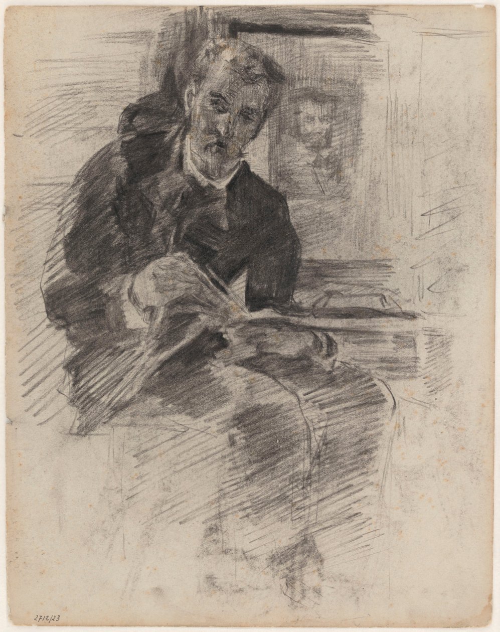 Hombre leyendo (en realidad: Willy Finch sentado a una mesa, con paleta y pinceles en la mano) de James Ensor
