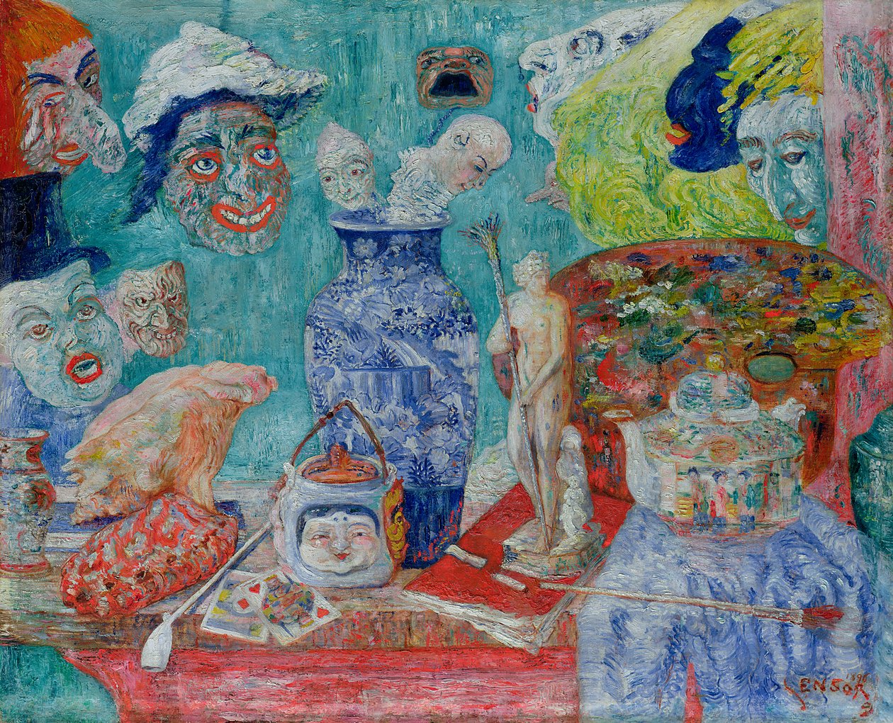 Naturaleza muerta con máscaras (Bric-a-Brac) 1896 (óleo sobre lienzo) de James Ensor