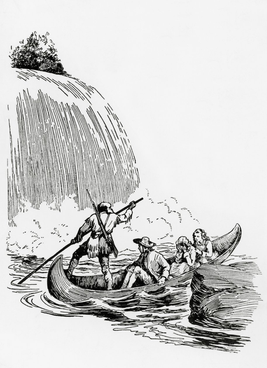 Los personajes principales en una canoa junto a una cascada, ilustración para El último de los mohicanos de James Fenimore Cooper, Principato Editore, Milán de James Fenimore Cooper