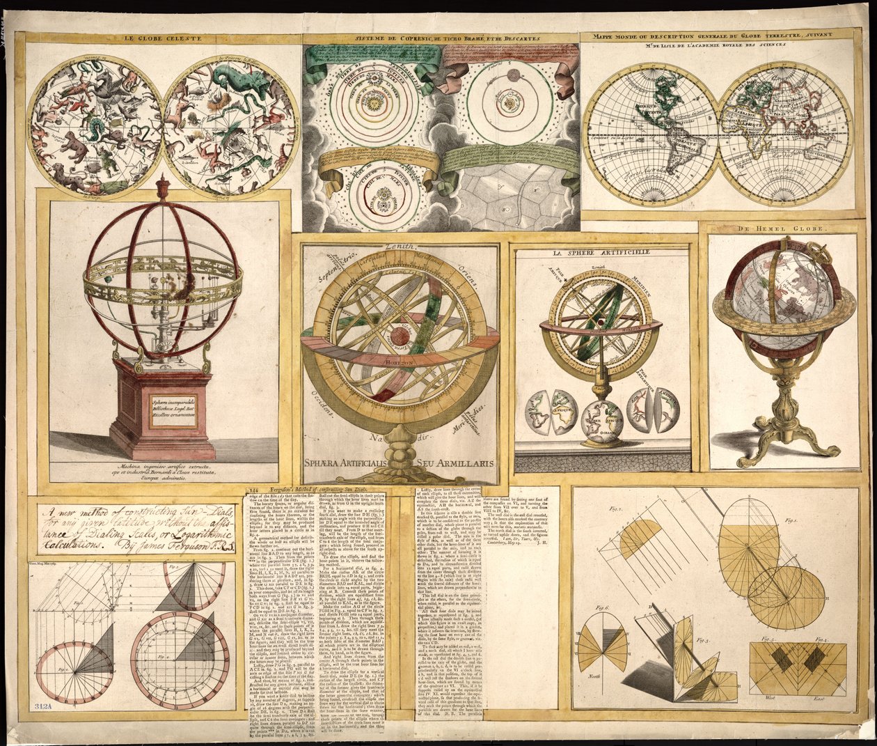 Colección de nueve imágenes que incluye instrumentos astronómicos, cartas celestes y un mapamundi. LOC 2013593153 de James Ferguson