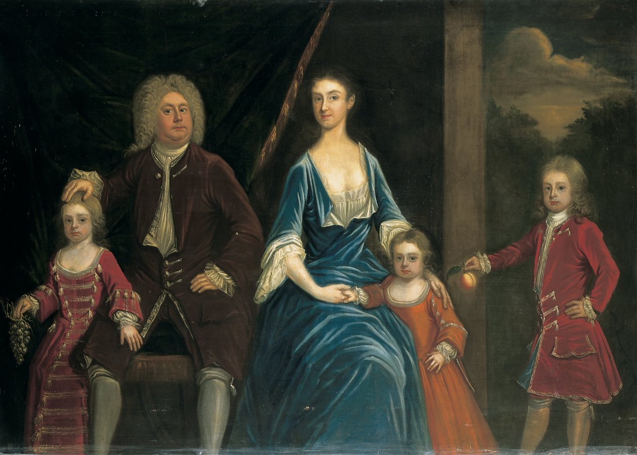 Retrato de grupo de Henry, 5º Lord Arundell de Wardour y su esposa Elizabeth, junto con sus hijos, en un interior, con un paisaje al fondo de James Francis Maubert