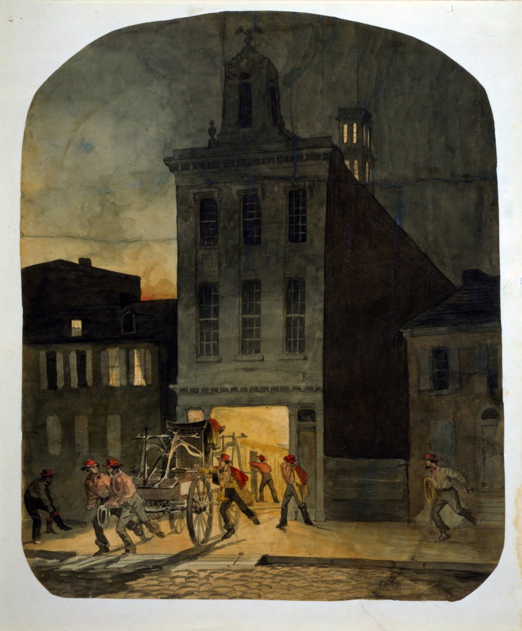 El cuerpo de bomberos de Filadelfia sale del cuartel para acudir a un incendio. Acuarela de James Fuller Queen (1820-1866) 1857. de James Fuller Queen