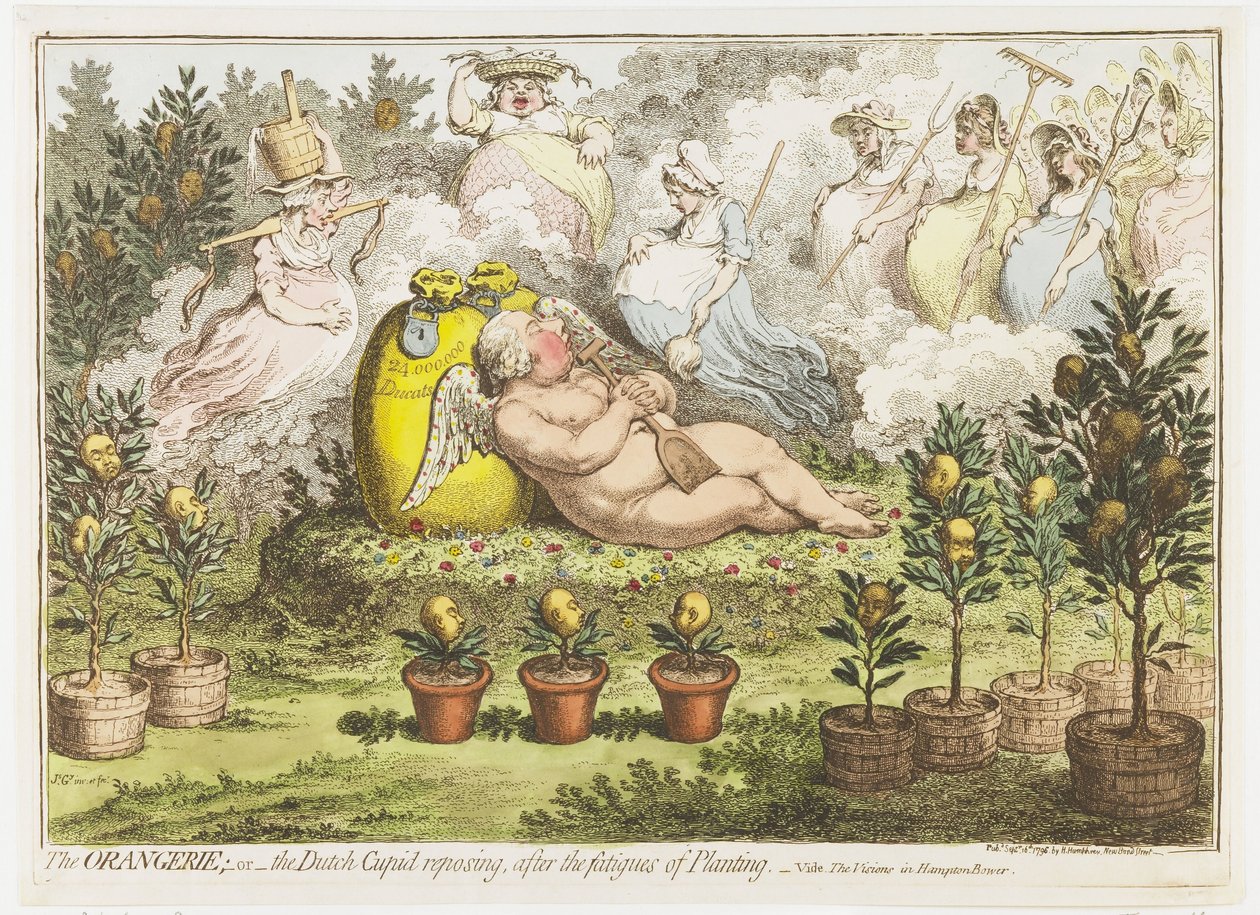 La Orangerie: El Cupido holandés descansando de las fatigas de la siembra, 1796 el invernadero; o el Cupido holandés reposando, después de las fatigas de Planting (título sobre objeto) de James Gillray (signed by artist)