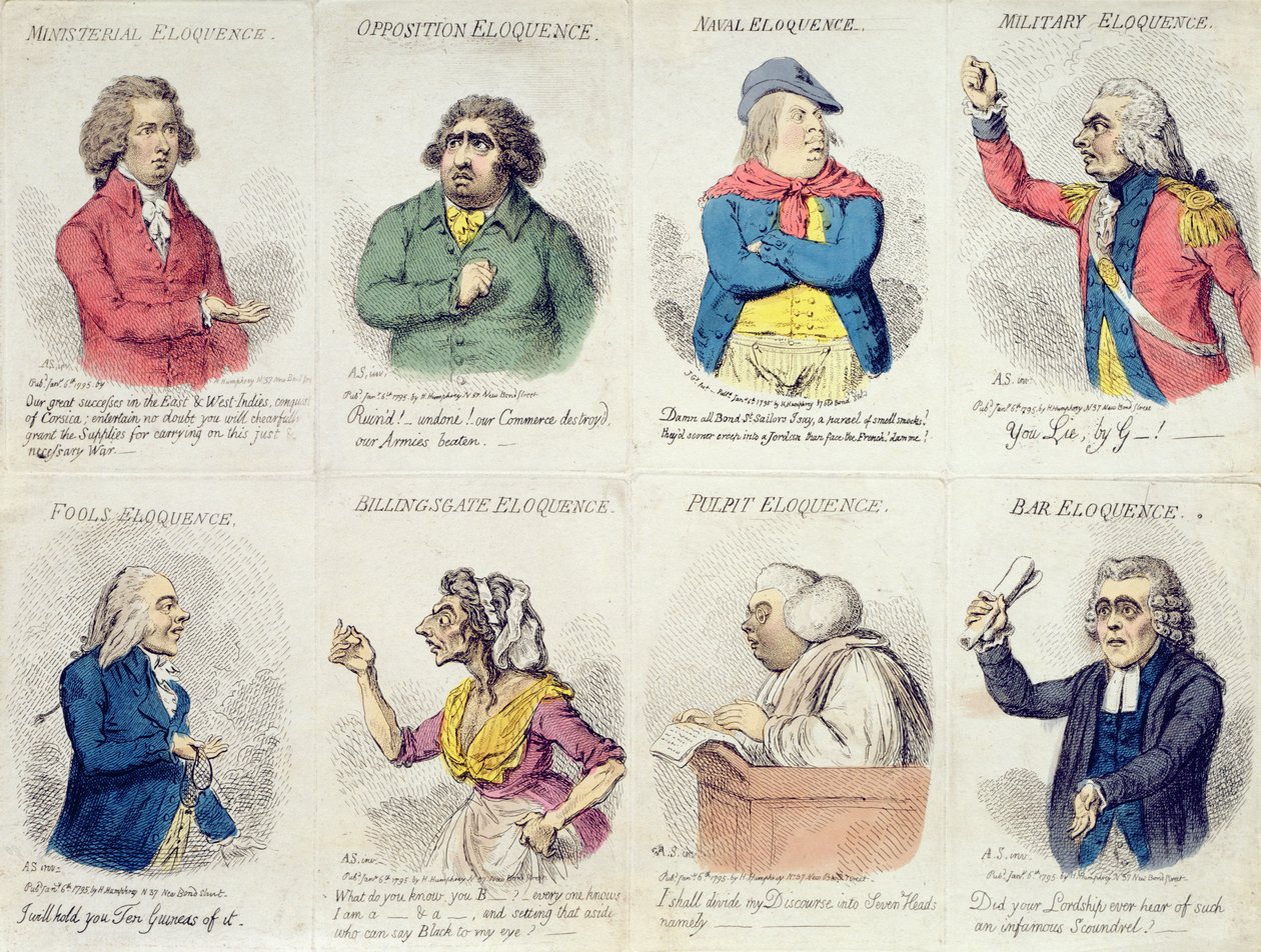 8 viñetas que representan la elocuencia, publicadas por Hannah Humphrey en 1795 de James Gillray