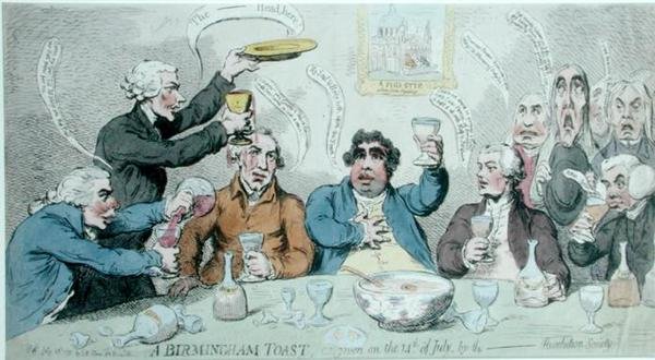 Un brindis en Birmingham, dado el 14 de julio por la Sociedad de la Revolución de James Gillray
