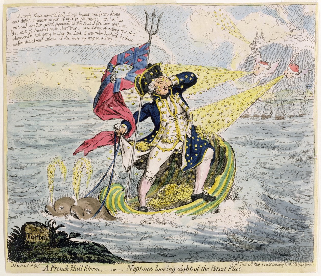 Una tormenta de granizo francesa, o Neptuno perdiendo de vista la flota de Brest, publicada por Hannah Humphrey en 1793 de James Gillray