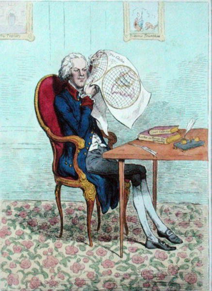 Un Político Perspicaz Descubriendo las Conquistas Británicas, publicado por Hannah Humphrey en 1795 de James Gillray
