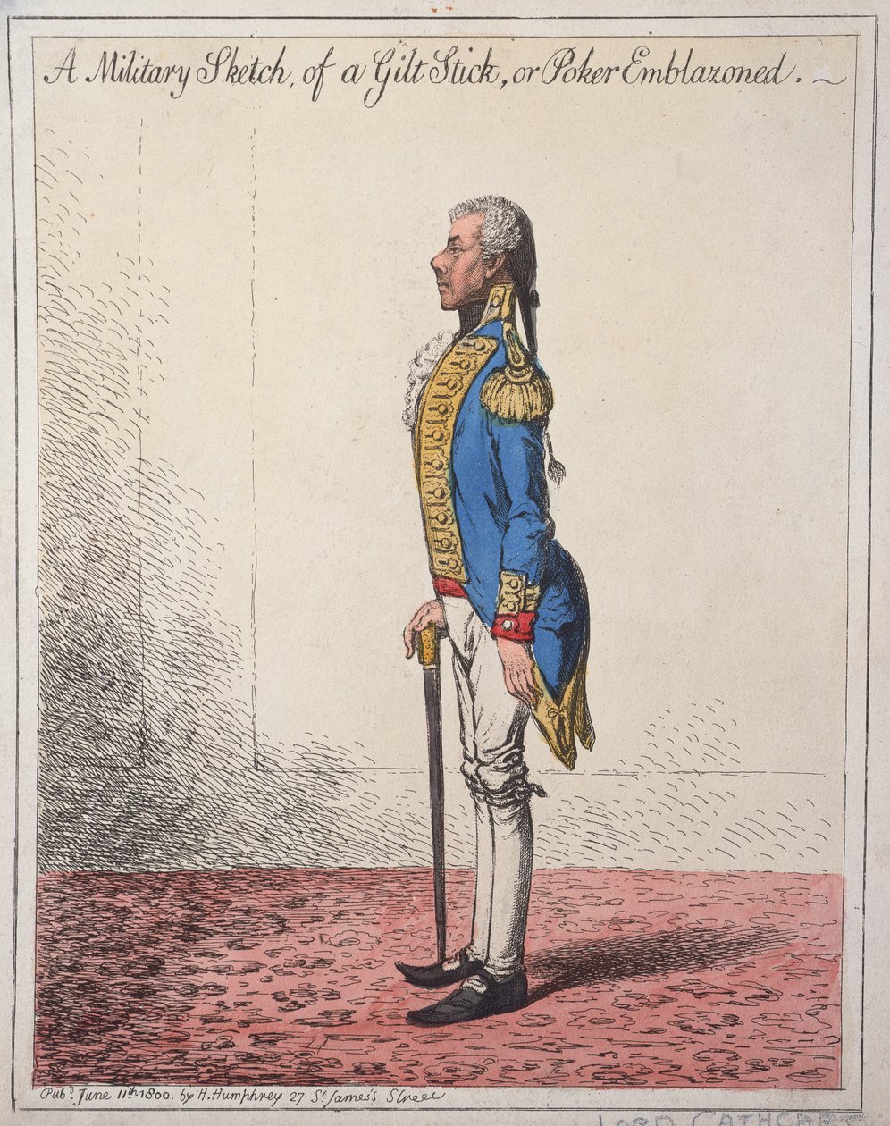 Un boceto militar de un palo dorado, o un atizador emblazonado, publicado por Hannah Humphrey en 1800 de James Gillray