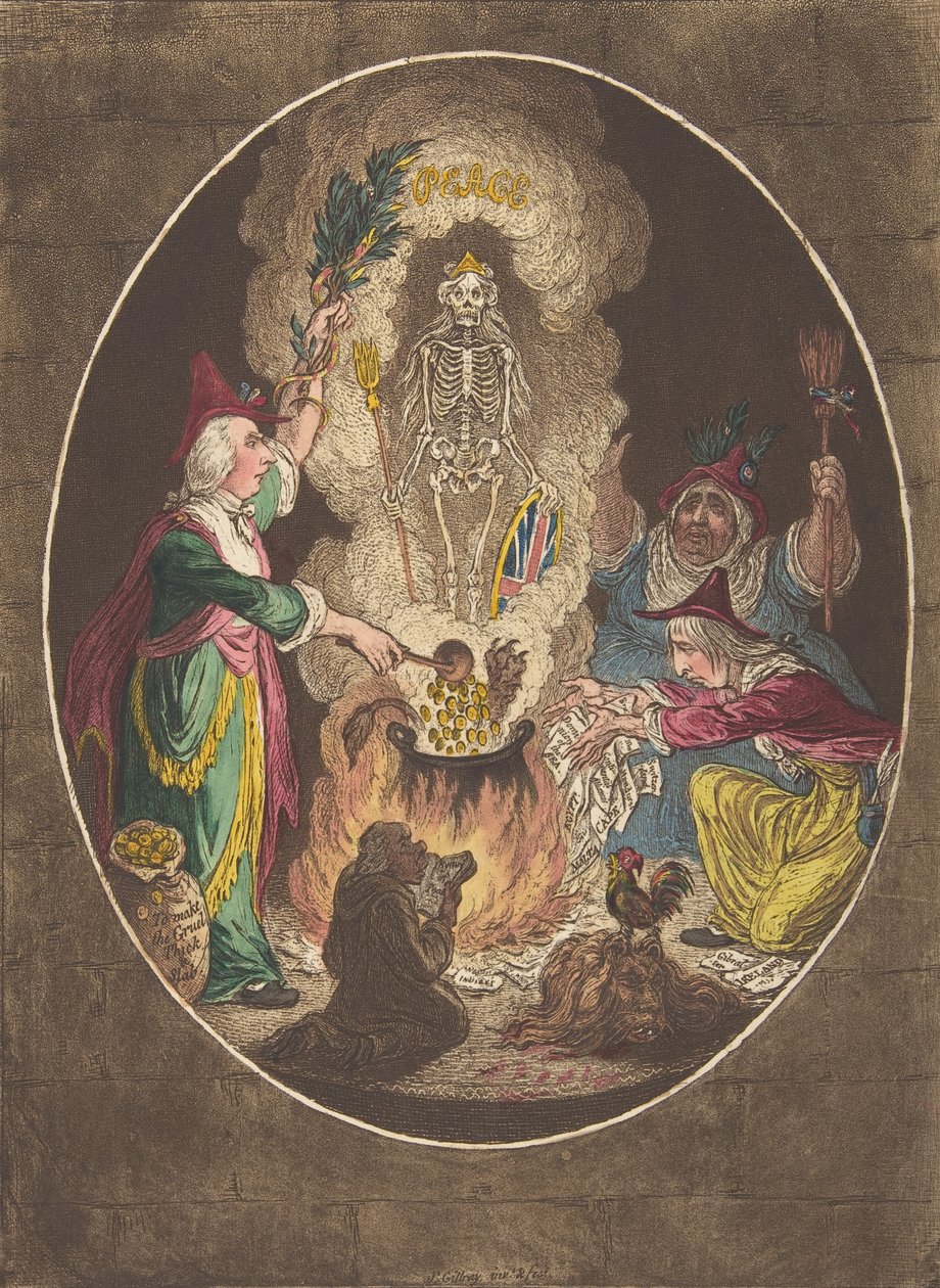 Una Fantasmagoría, Escena-Conjurando un Esqueleto Armado de James Gillray