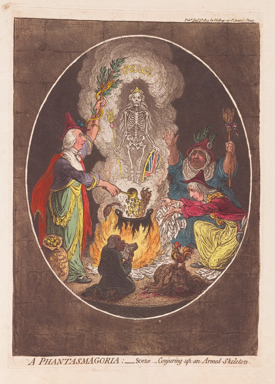 Una fantasmagoría: Escena - Conjurando un esqueleto armado, pub. 1803 (grabado coloreado a mano) de James Gillray