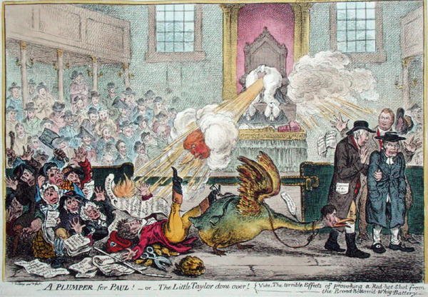 Un voto para Paul! o El pequeño sastre hecho polvo! es decir, los terribles efectos de provocar un disparo ardiente de la batería Whig de fondo ancho, publicada por Hannah Humphrey en 1807 de James Gillray