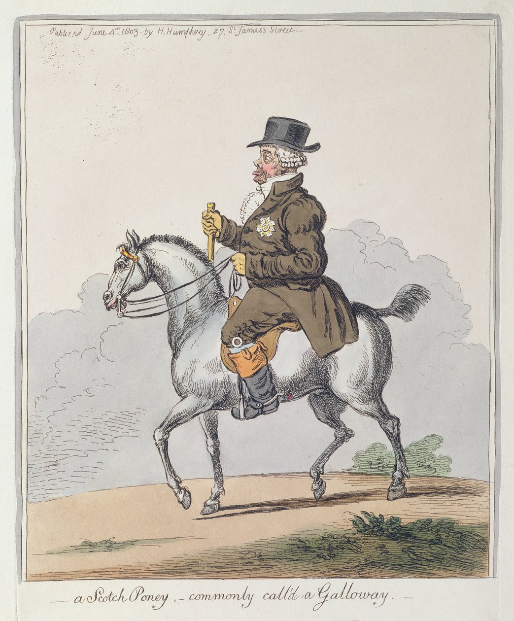 Un Poney Escocés, comúnmente llamado Galloway, publicado por Hannah Humphrey en 1803 de James Gillray