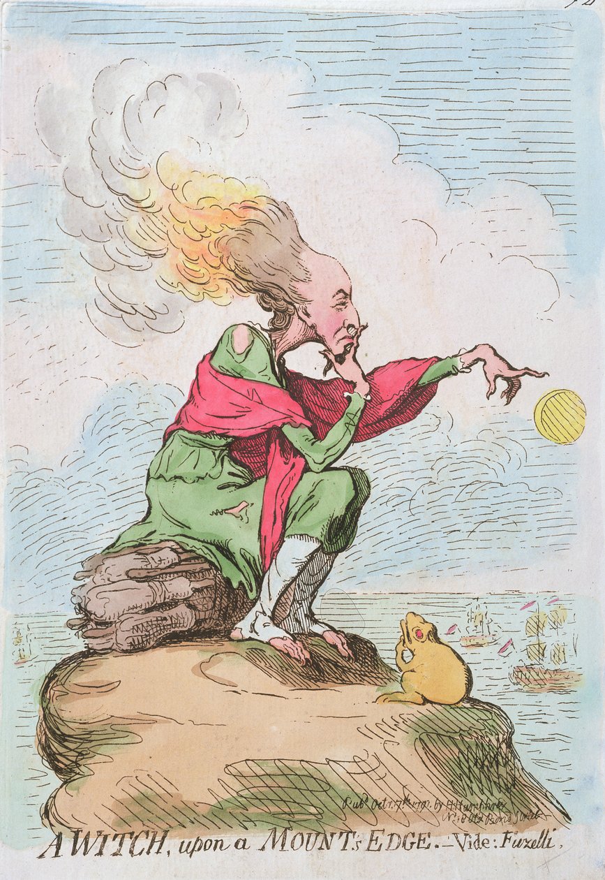 Una bruja, en el borde de un monte, o Fuzelli, publicado por Hannah Humphrey en 1791 (aguafuerte coloreado a mano) de James Gillray
