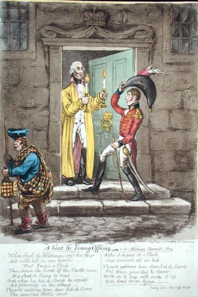 Una sugerencia para Jóvenes Oficiales, publicado por Hannah Humphrey en 1804 de James Gillray