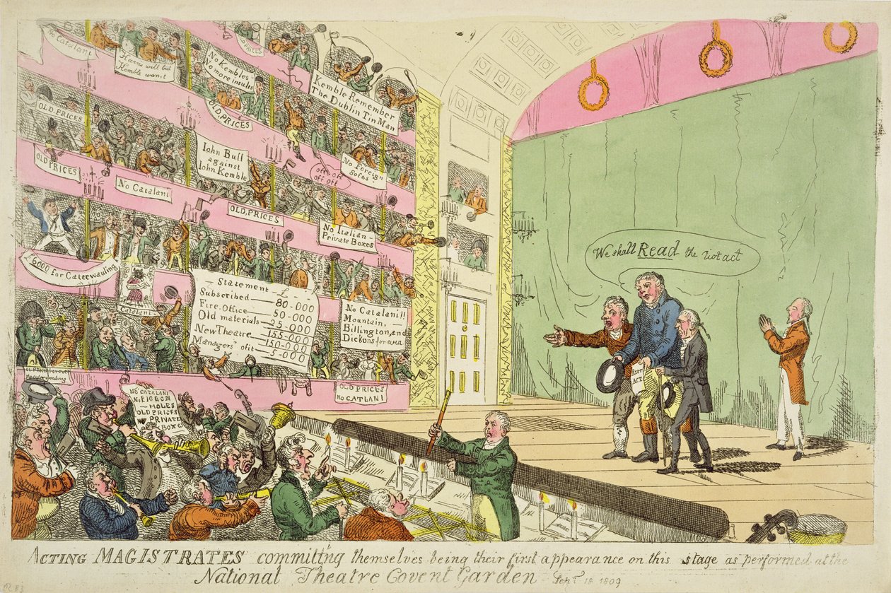 Magistrados actuando comprometiéndose, siendo su primera aparición en el Teatro Nacional de Covent Garden de James Gillray
