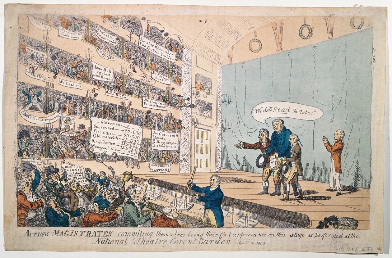 Magistrados actuando comprometiéndose, siendo su primera aparición como se realizó en el Teatro Nacional Covent Garden, publicado en 1809 de James Gillray