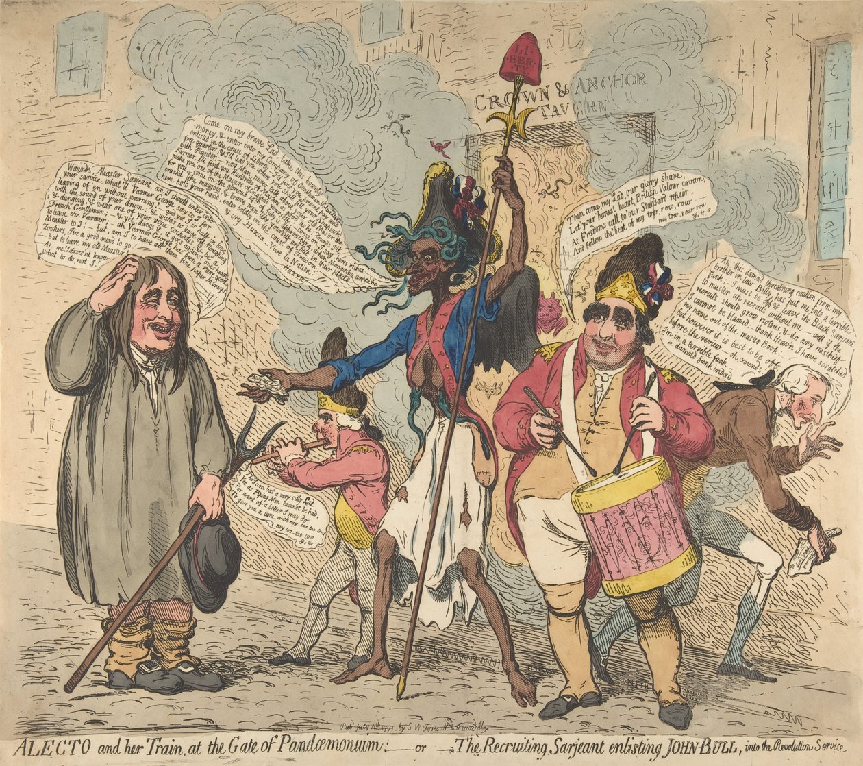Alecto y su Tren, en la Puerta de Pandaemonium:-o-El Sargento Reclutador Enli..., 4 de julio de 1791 de James Gillray