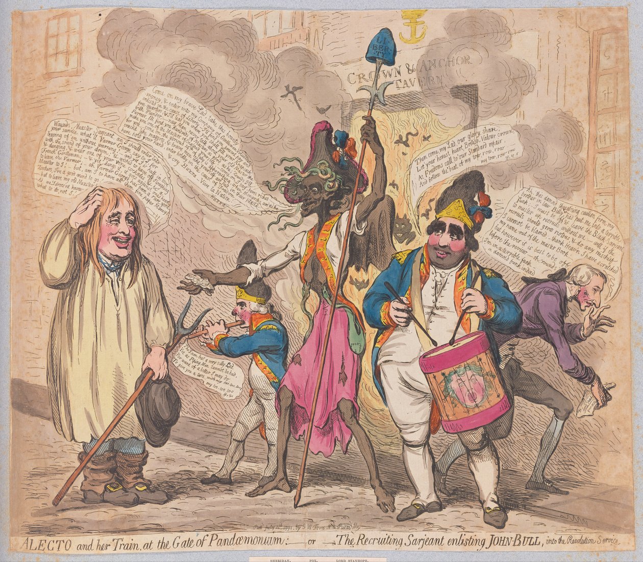Alecto y su séquito en la puerta del Pandemonium o el sargento reclutador alistando a John Bull en el servicio de la revolución de James Gillray