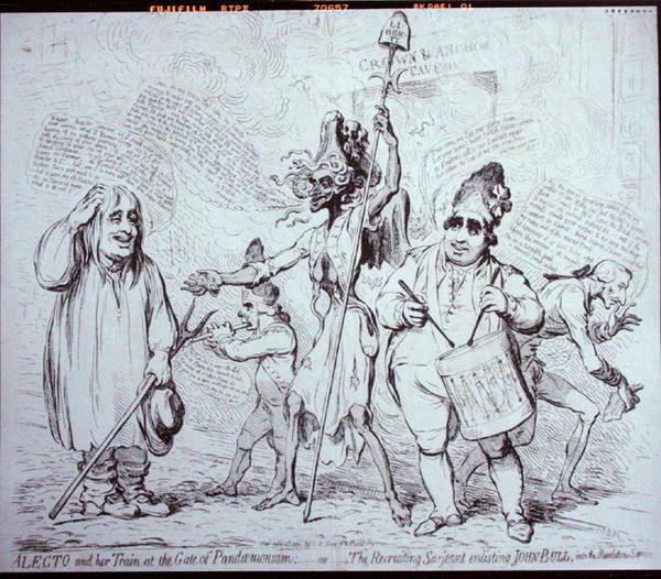 Alecto y su Séquito en la Puerta del Pandemonium, o El Sargento Reclutador alistando a John Bull en el Servicio de la Revolución de James Gillray