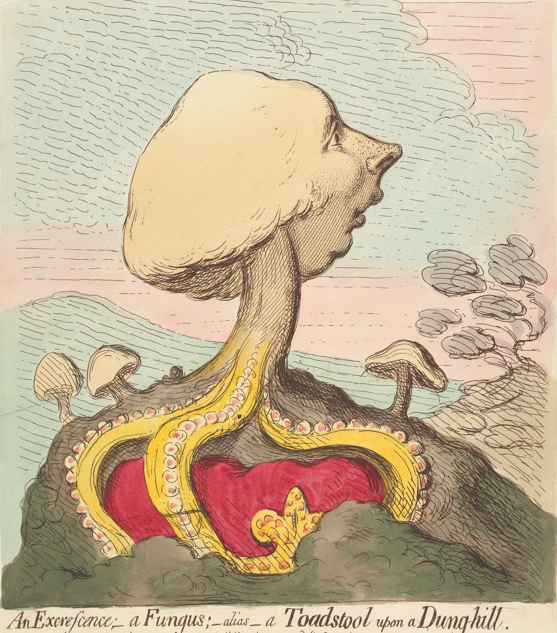 Una excrecencia; - Un hongo; - También conocido como: una seta venenosa en un montón de estiércol de James Gillray