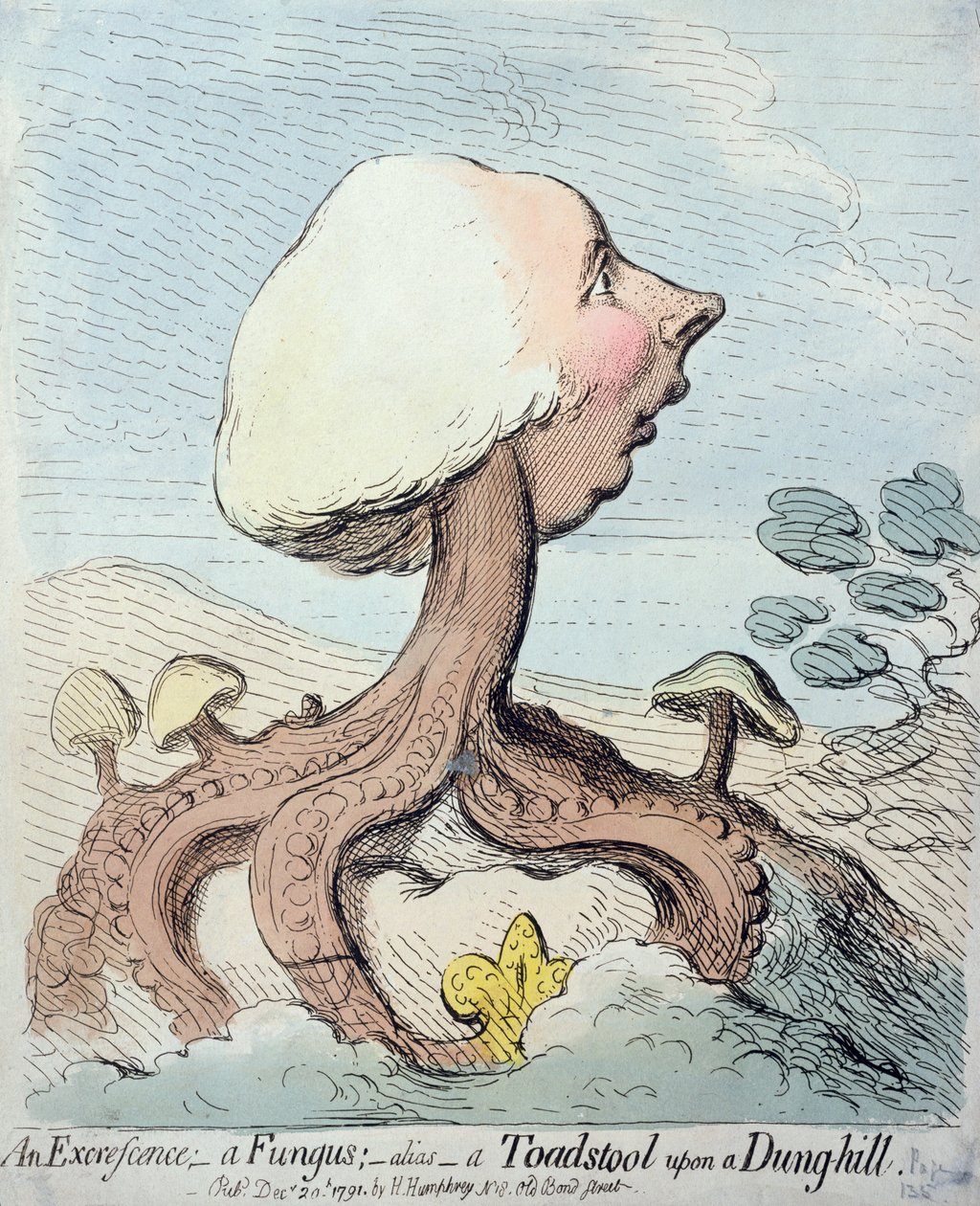 Una excrecencia; Un hongo; Alias - Un hongo sobre un montón de estiércol, publicado por Hannah Humphrey en 1791 de James Gillray