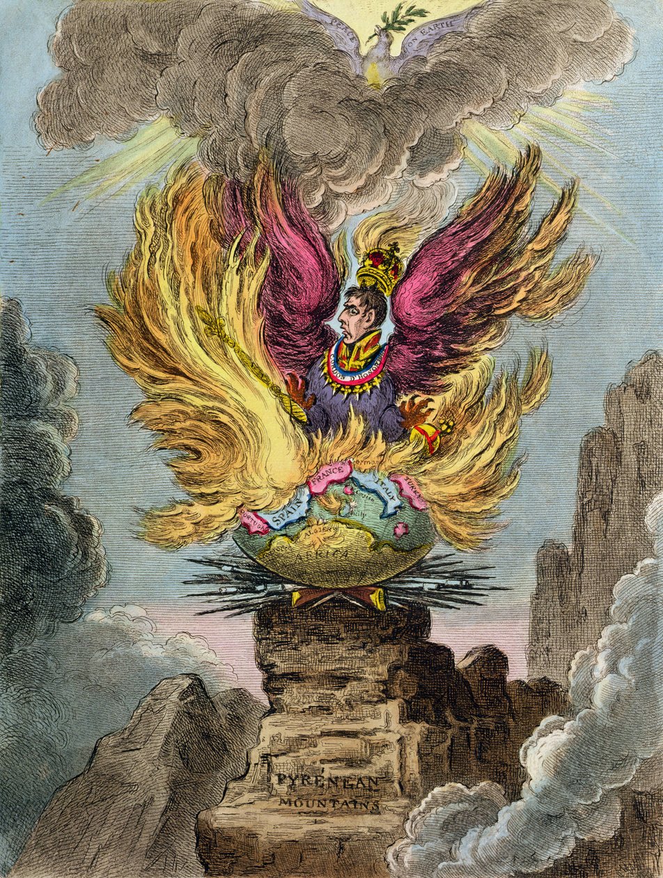 Apoteosis del Fénix corso, publicado por Hannah Humphrey en 1808 de James Gillray