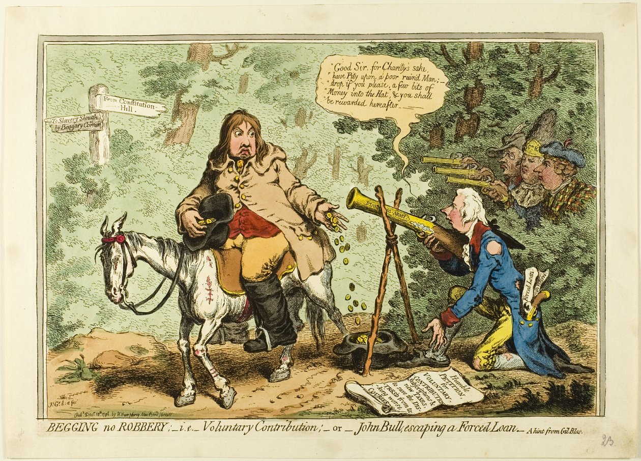 Begging no Robbery; i.e. Contribución Voluntaria, o John Bull Escapando de un Préstamo Forzado de James Gillray
