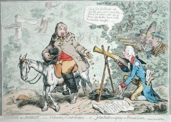 Mendigar no es robar: es decir, contribución voluntaria, o John Bull escapando de un préstamo forzado de James Gillray